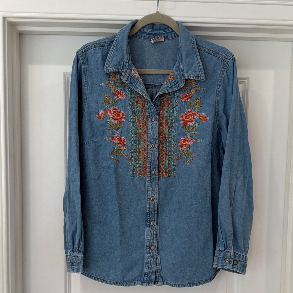 Embroidered Denim Shirt with Floral Design